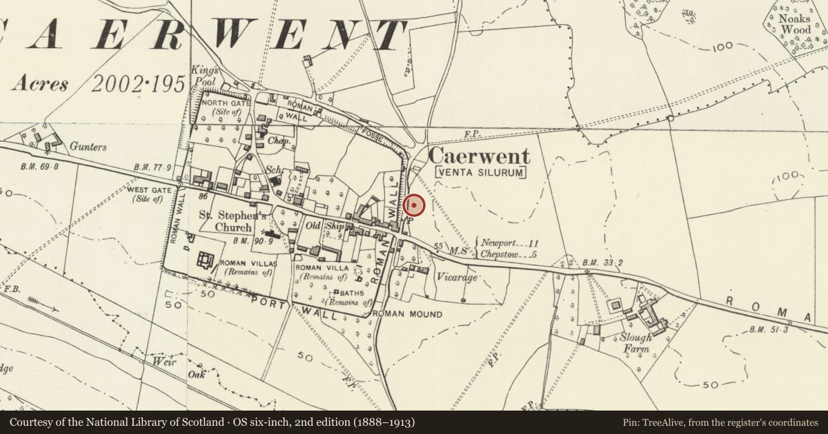 Ordnance Survey six-inch map, 2nd edition (1888–1913) covering the location of Burton Homes, Caerwent, Monmouthshire, with a pin at the register's coordinates
