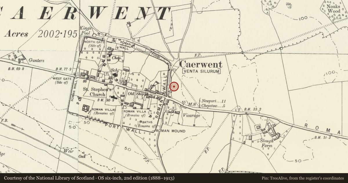 Ordnance Survey six-inch map, 2nd edition (1888–1913) covering the location of Burton Homes, Caerwent, Monmouthshire, with a pin at the register's coordinates