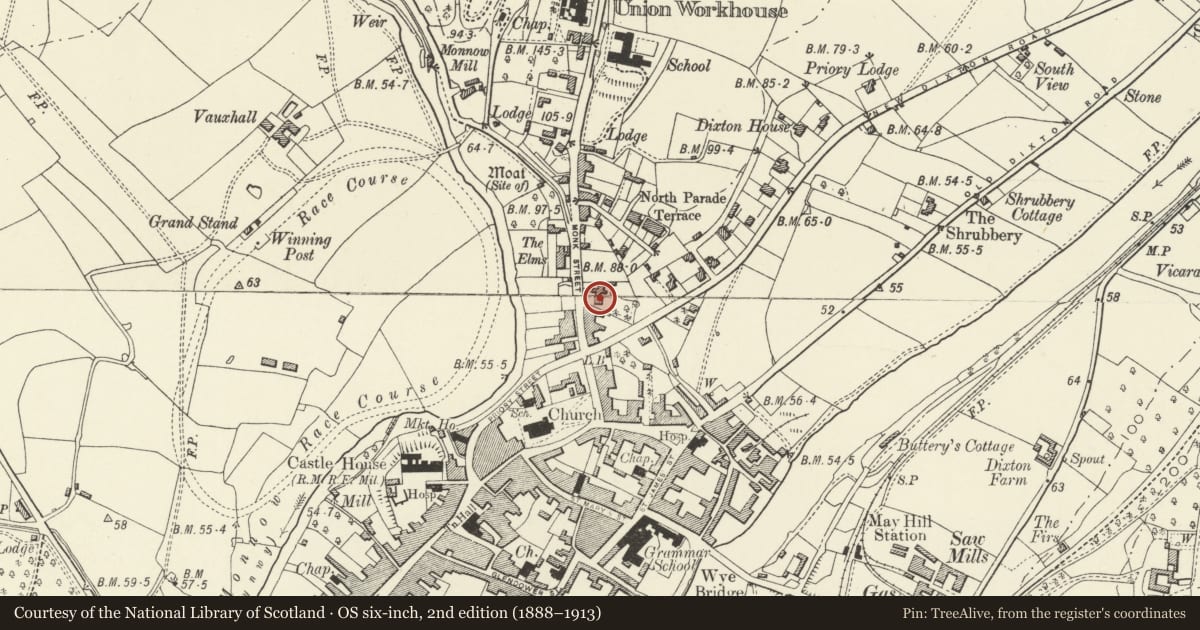 Ordnance Survey six-inch map, 2nd edition (1888–1913) covering the location of Parade House, Monmouth, Monmouthshire, with a pin at the register's coordinates