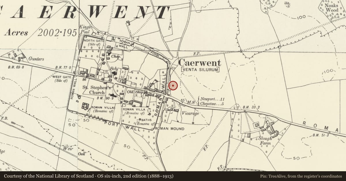 Ordnance Survey six-inch map, 2nd edition (1888–1913) covering the location of Burton Homes, Caerwent, Monmouthshire, with a pin at the register's coordinates