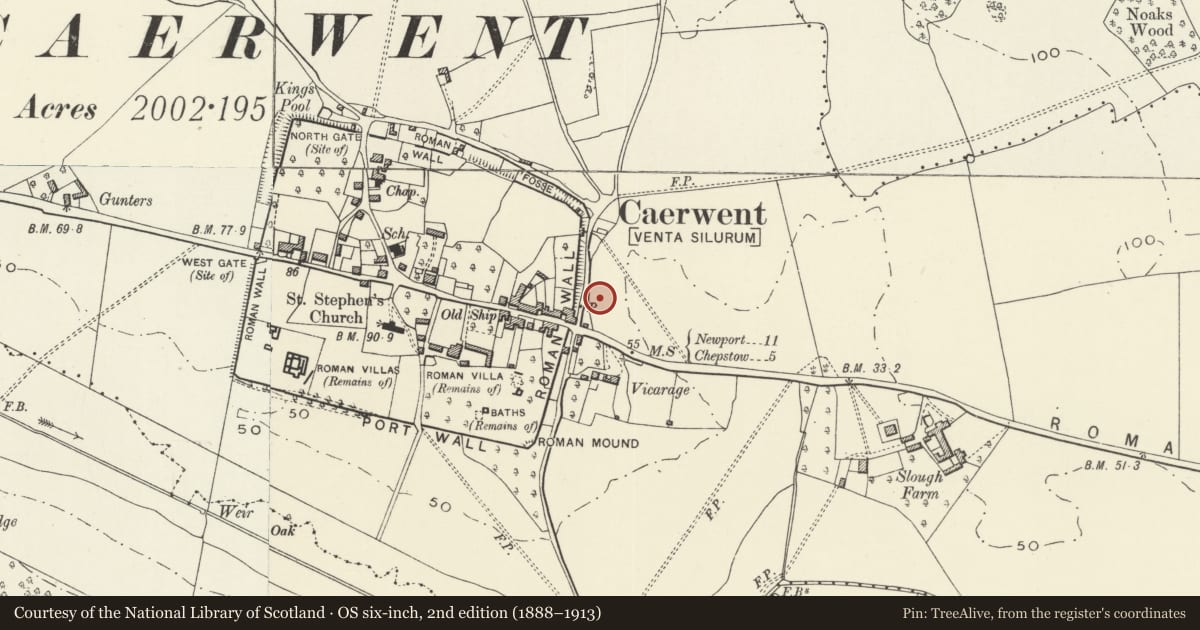 Ordnance Survey six-inch map, 2nd edition (1888–1913) covering the location of Burton Homes, Caerwent, Monmouthshire, with a pin at the register's coordinates