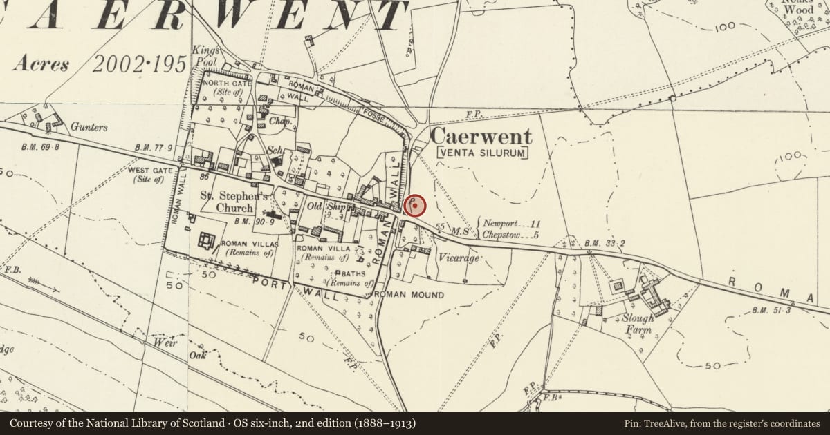 Ordnance Survey six-inch map, 2nd edition (1888–1913) covering the location of Burton Homes, Caerwent, Monmouthshire, with a pin at the register's coordinates