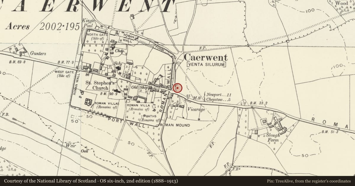 Ordnance Survey six-inch map, 2nd edition (1888–1913) covering the location of Burton Homes, Caerwent, Monmouthshire, with a pin at the register's coordinates