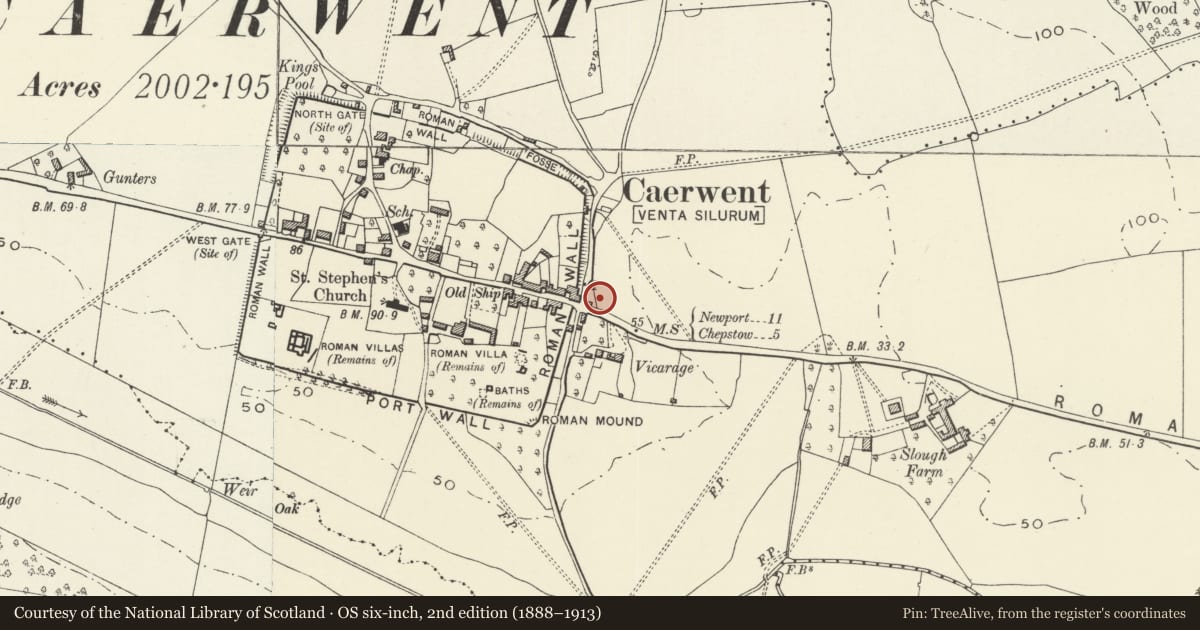 Ordnance Survey six-inch map, 2nd edition (1888–1913) covering the location of Burton Homes, Caerwent, Monmouthshire, with a pin at the register's coordinates