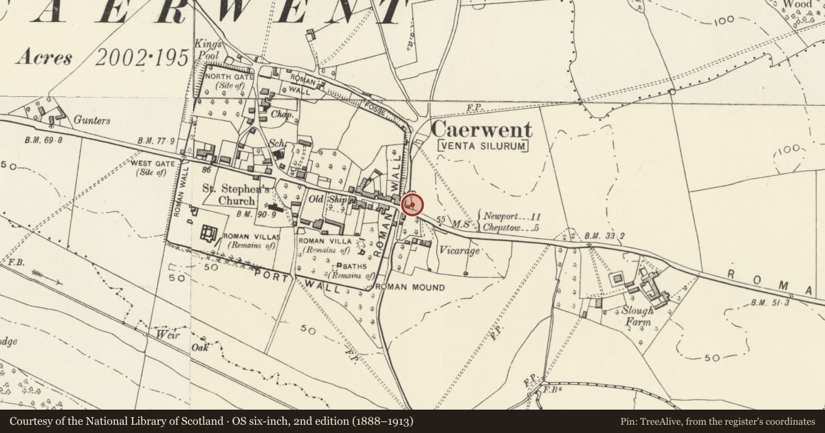 Ordnance Survey six-inch map, 2nd edition (1888–1913) covering the location of Burton Homes, Caerwent, Monmouthshire, with a pin at the register's coordinates