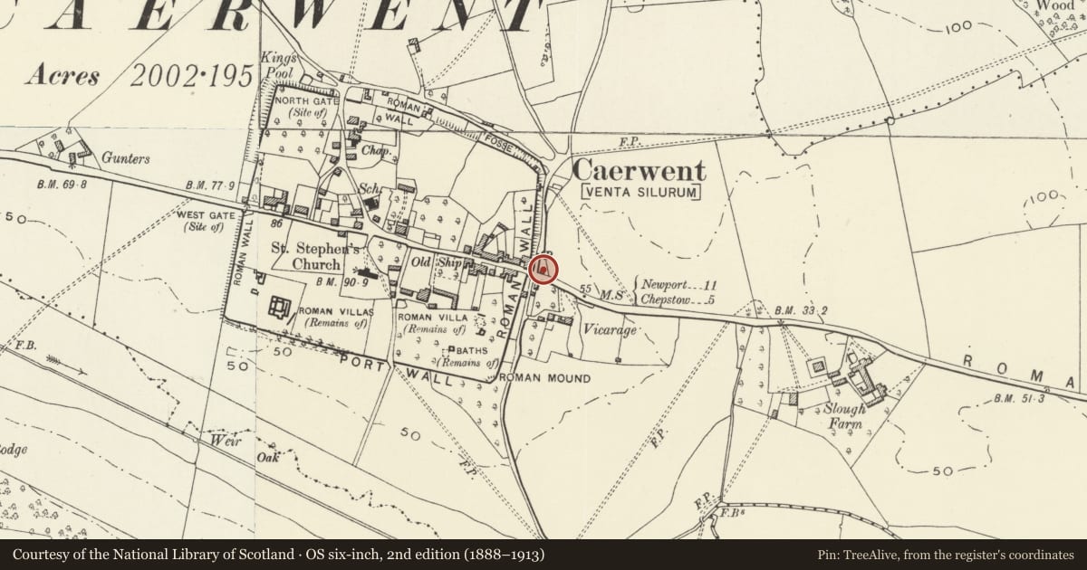 Ordnance Survey six-inch map, 2nd edition (1888–1913) covering the location of Burton Homes, Caerwent, Monmouthshire, with a pin at the register's coordinates