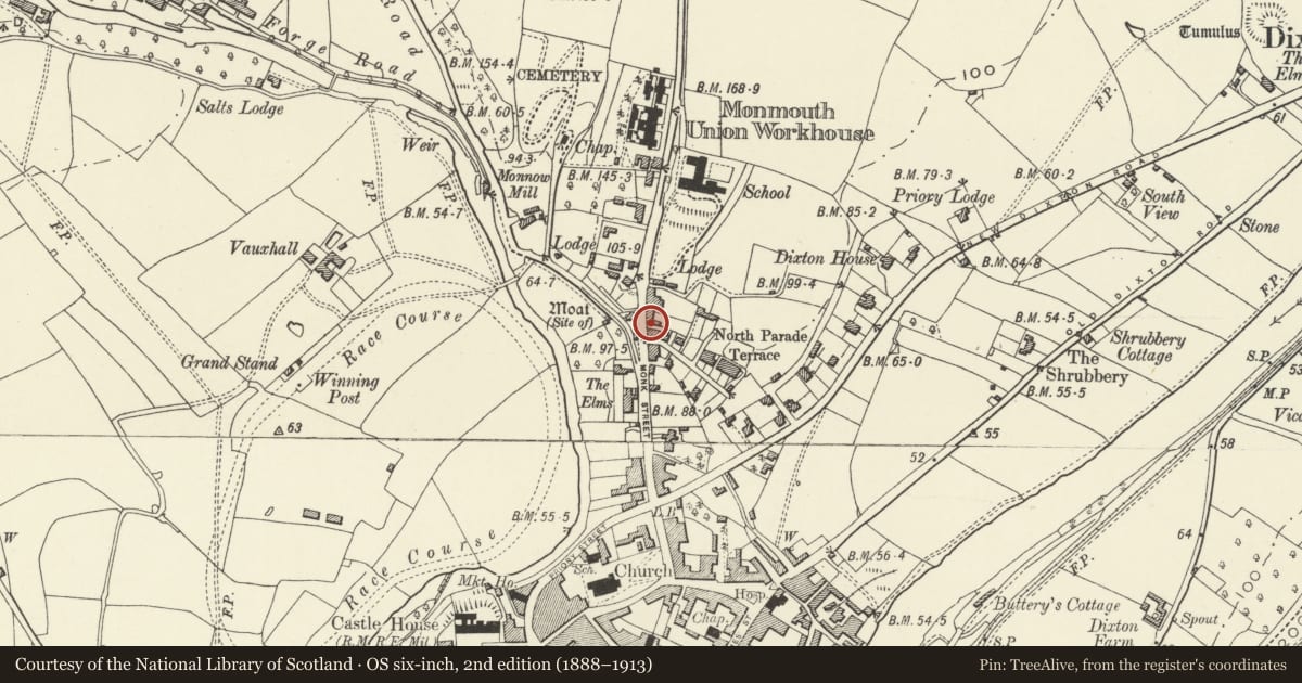 Ordnance Survey six-inch map, 2nd edition (1888–1913) covering the location of 2 Hereford Road, Monmouth, Monmouthshire, with a pin at the register's coordinates