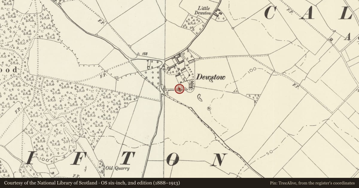Ordnance Survey six-inch map, 2nd edition (1888–1913) covering the location of Grotto, Underground Garden and Bridge about 60m to west of Dewstow House, Caerwent, Monmouthshire, with a pin at the register's coordinates