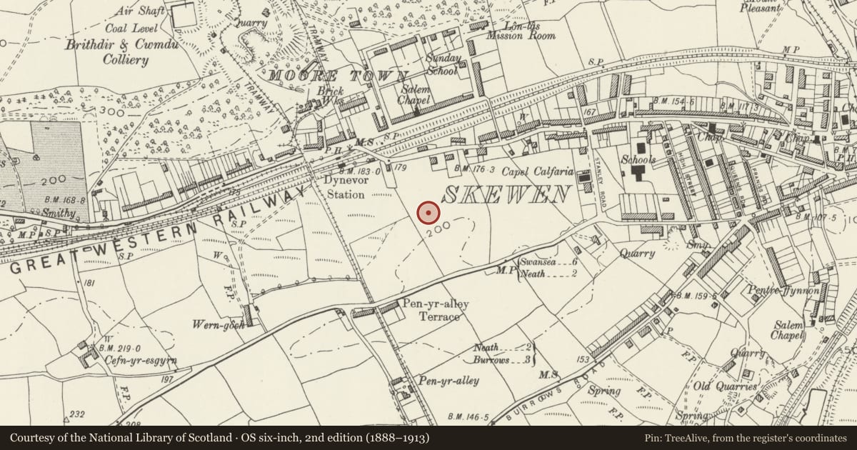 Ordnance Survey six-inch map, 2nd edition (1888–1913) covering the location of Hermon Chapel, Coedffranc, Neath Port Talbot, with a pin at the register's coordinates
