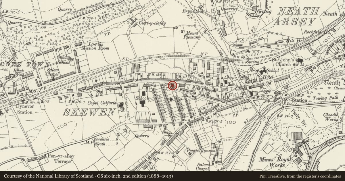 Ordnance Survey six-inch map, 2nd edition (1888–1913) covering the location of Horeb Chapel, Coedffranc, Neath Port Talbot, with a pin at the register's coordinates