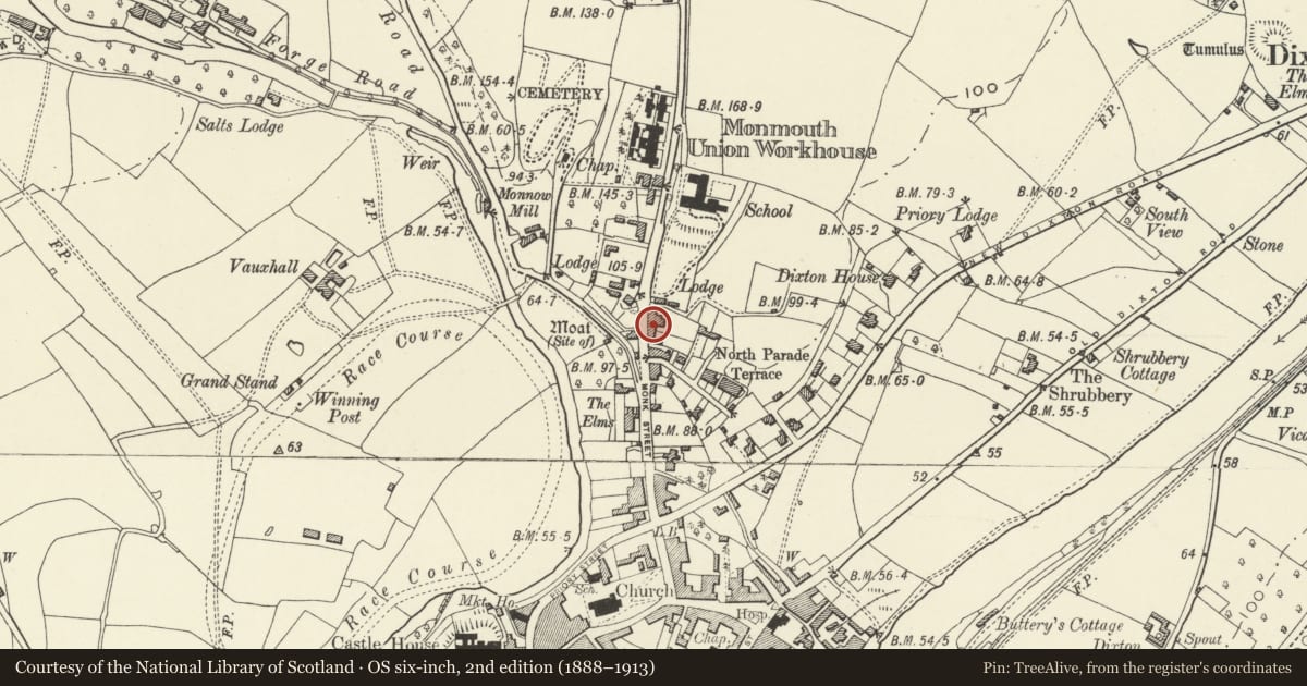 Ordnance Survey six-inch map, 2nd edition (1888–1913) covering the location of North Parade House, Monmouth, Monmouthshire, with a pin at the register's coordinates