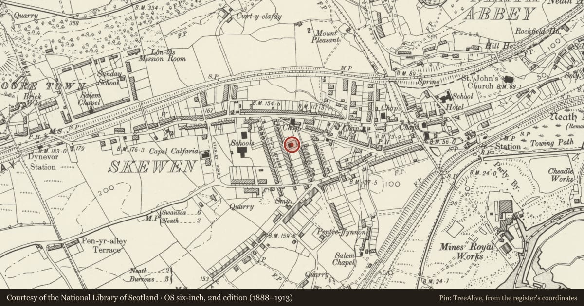 Ordnance Survey six-inch map, 2nd edition (1888–1913) covering the location of Tabernacle Chapel, Coedffranc, Neath Port Talbot, with a pin at the register's coordinates