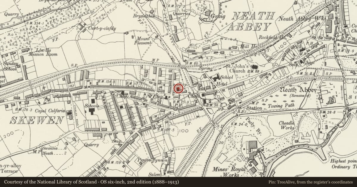 Ordnance Survey six-inch map, 2nd edition (1888–1913) covering the location of Gorphwysfa Chapel, Coedffranc, Neath Port Talbot, with a pin at the register's coordinates