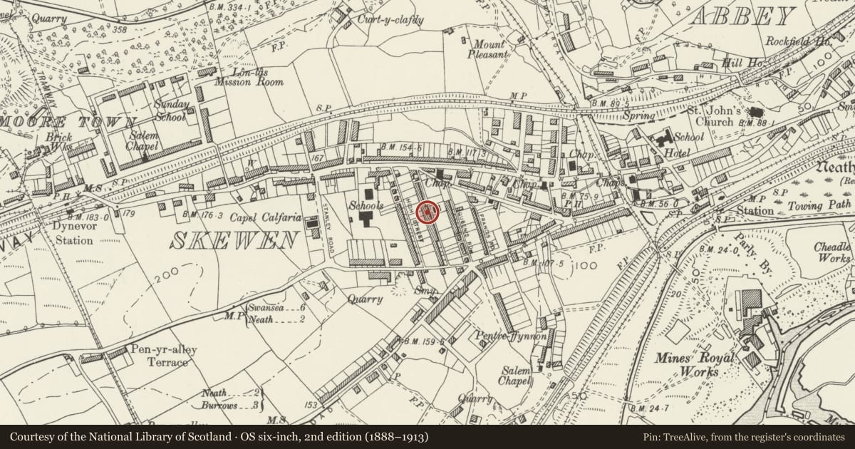 Ordnance Survey six-inch map, 2nd edition (1888–1913) covering the location of Tabernacle Chapel Hall, Coedffranc, Neath Port Talbot, with a pin at the register's coordinates