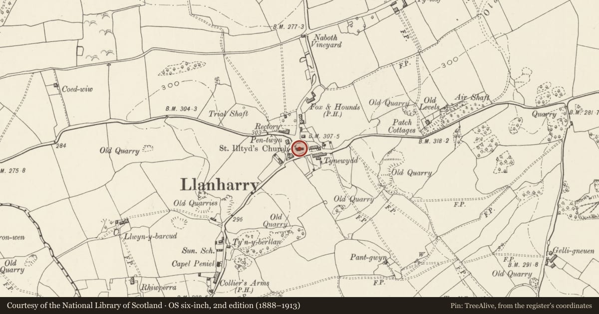 Ordnance Survey six-inch map, 2nd edition (1888–1913) covering the location of Church of St Illtyd, Llanharry, Rhondda Cynon Taff, with a pin at the register's coordinates