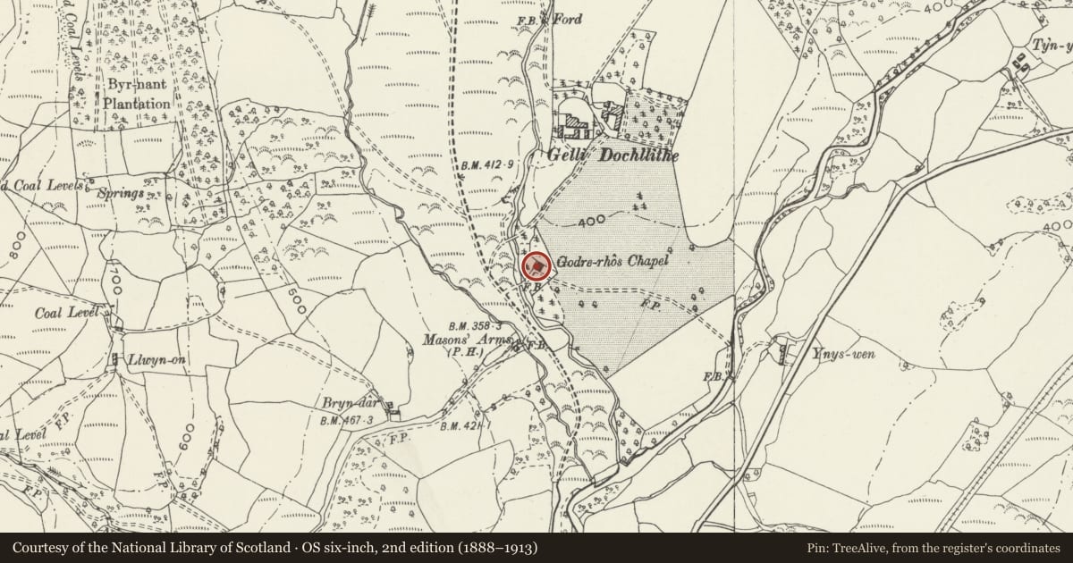 Ordnance Survey six-inch map, 2nd edition (1888–1913) covering the location of Godre'r Rhos Independent Chapel and vestry, Crynant, Neath Port Talbot, with a pin at the register's coordinates