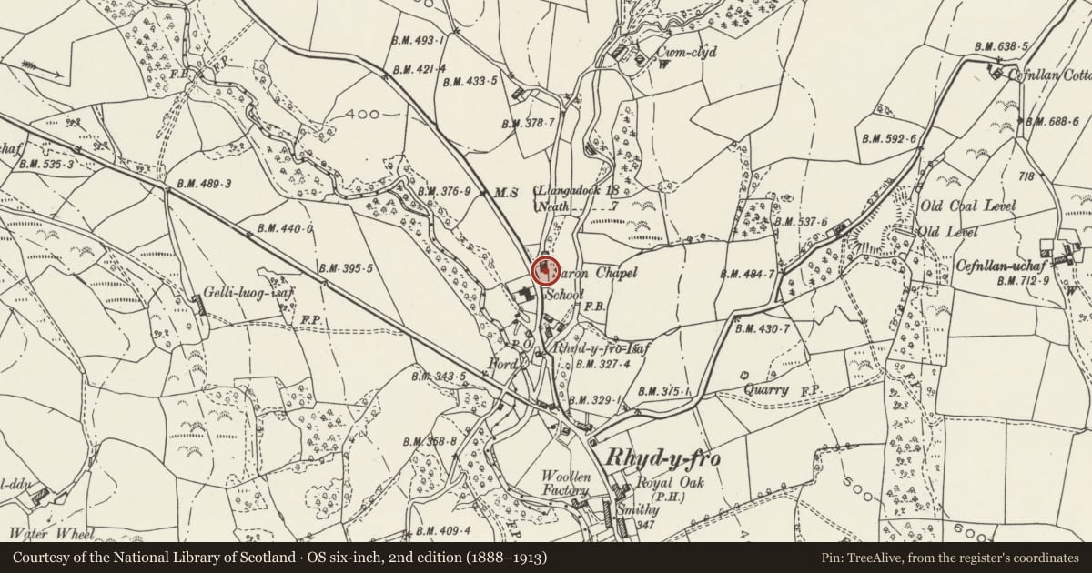 Ordnance Survey six-inch map, 2nd edition (1888–1913) covering the location of Saron Old Chapel, Pontardawe, Neath Port Talbot, with a pin at the register's coordinates