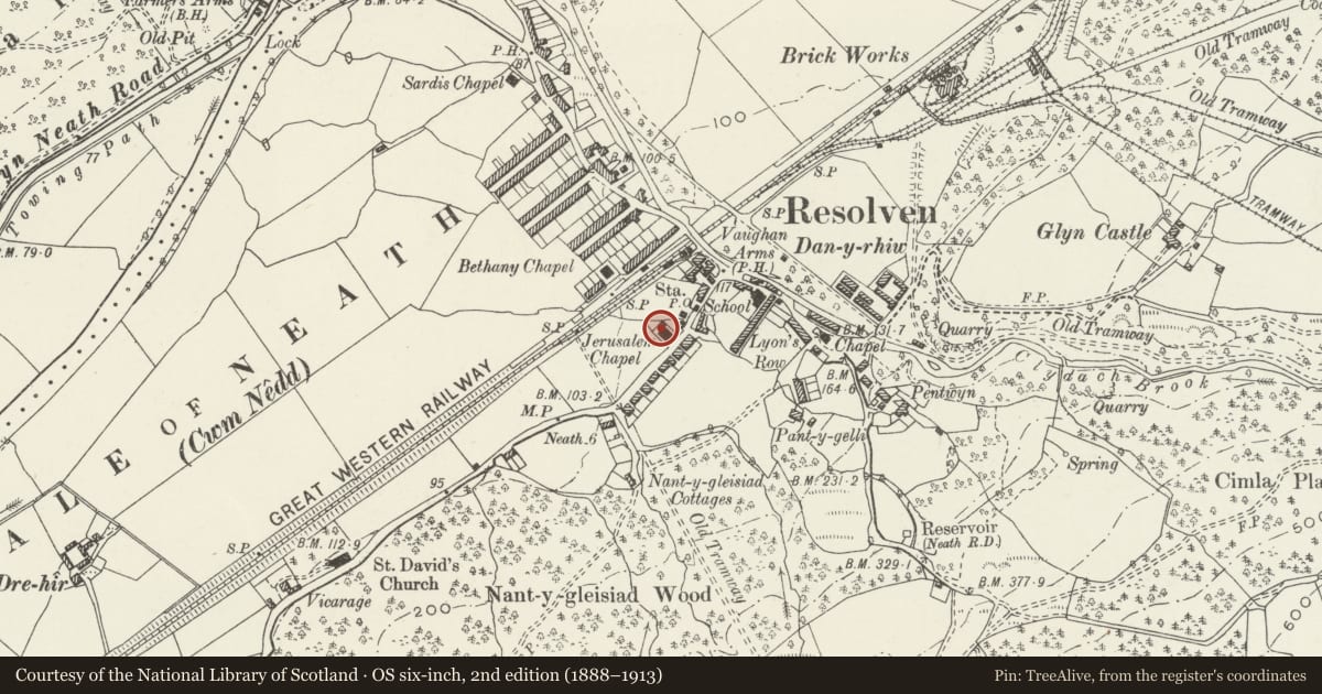 Ordnance Survey six-inch map, 2nd edition (1888–1913) covering the location of Jerusalem Independent Chapel, Resolven, Neath Port Talbot, with a pin at the register's coordinates