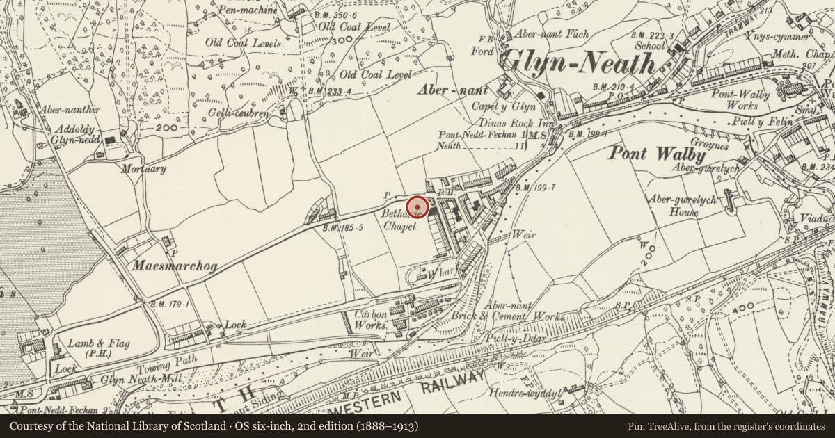 Ordnance Survey six-inch map, 2nd edition (1888–1913) covering the location of Bethania Calvinistic Methodist Chapel, Glynneath, Neath Port Talbot, with a pin at the register's coordinates