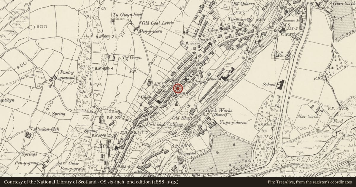Ordnance Survey six-inch map, 2nd edition (1888–1913) covering the location of Wern Independent Chapel, Ystalyfera, Neath Port Talbot, with a pin at the register's coordinates