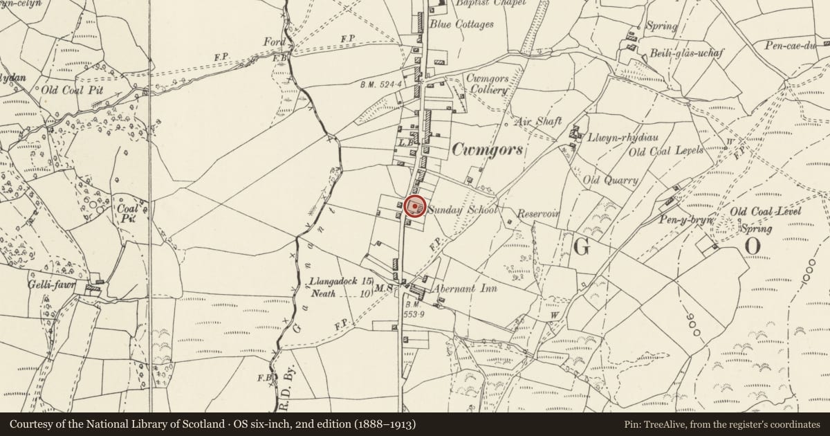 Ordnance Survey six-inch map, 2nd edition (1888–1913) covering the location of Capel Y Tabernacl, Gwaun-Cae-Gurwen, Neath Port Talbot, with a pin at the register's coordinates