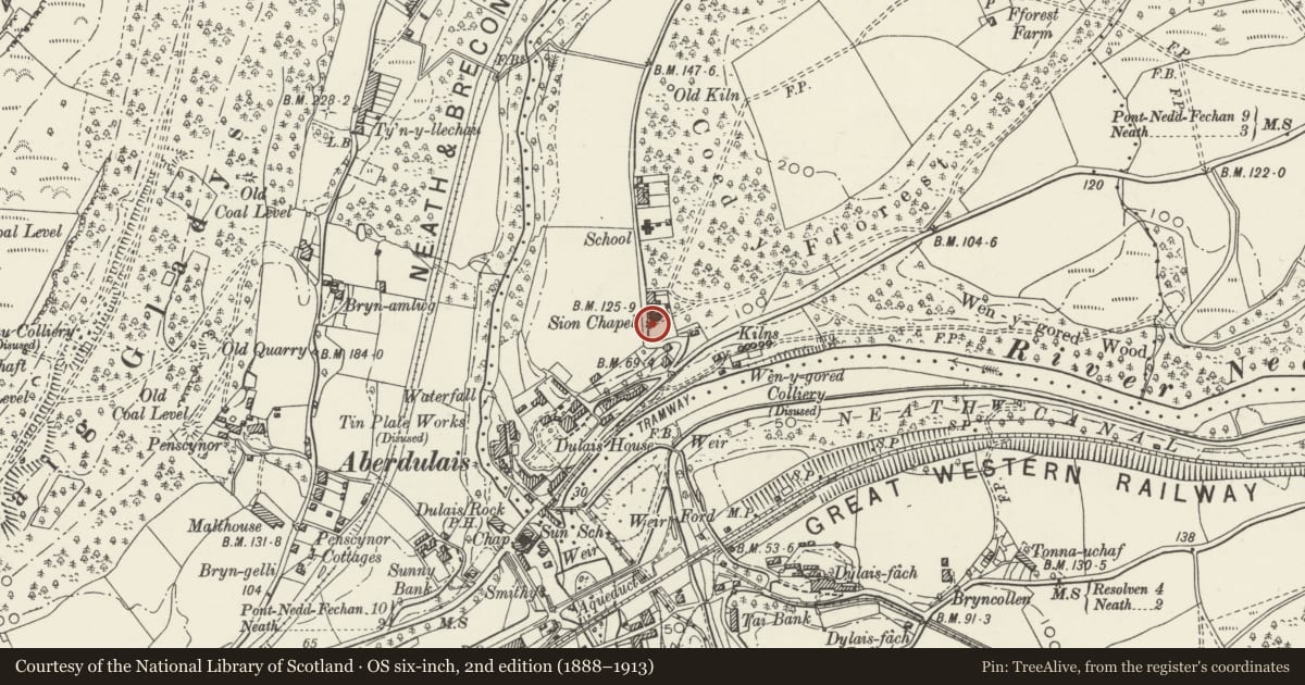 Ordnance Survey six-inch map, 2nd edition (1888–1913) covering the location of Railings at Seion Fforest Calvinistic Methodist Chapel, Blaenhonddan, Neath Port Talbot, with a pin at the register's coordinates