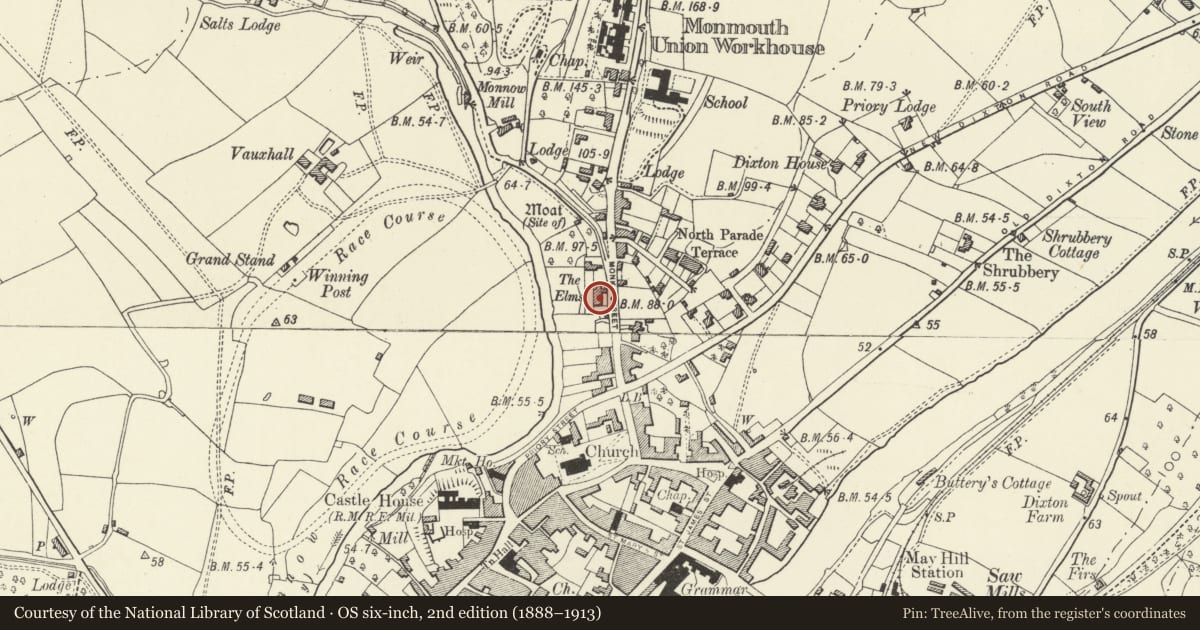 Ordnance Survey six-inch map, 2nd edition (1888–1913) covering the location of Chapel House, Monmouth, Monmouthshire, with a pin at the register's coordinates