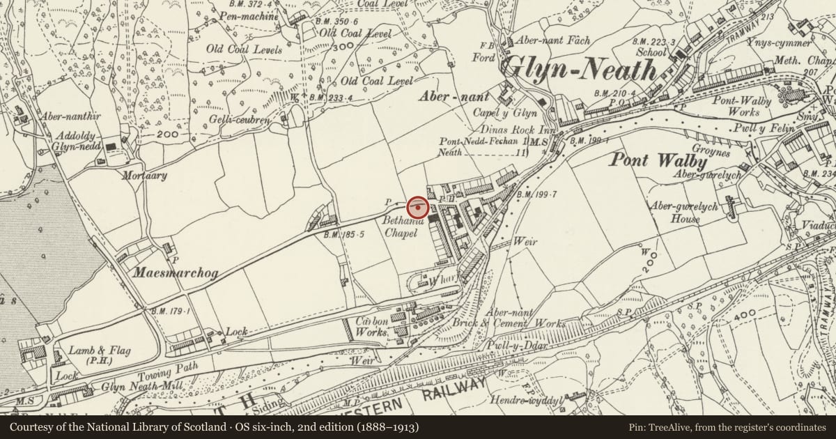 Ordnance Survey six-inch map, 2nd edition (1888–1913) covering the location of Piers and railings to Bethania Calvinistic Methodist Chapel, Glynneath, Neath Port Talbot, with a pin at the register's coordinates