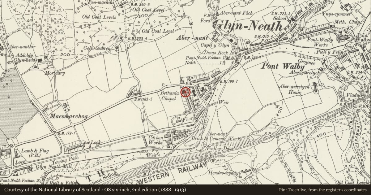 Ordnance Survey six-inch map, 2nd edition (1888–1913) covering the location of Walls and railings to Bethany English Presbyterian Church, Glynneath, Neath Port Talbot, with a pin at the register's coordinates