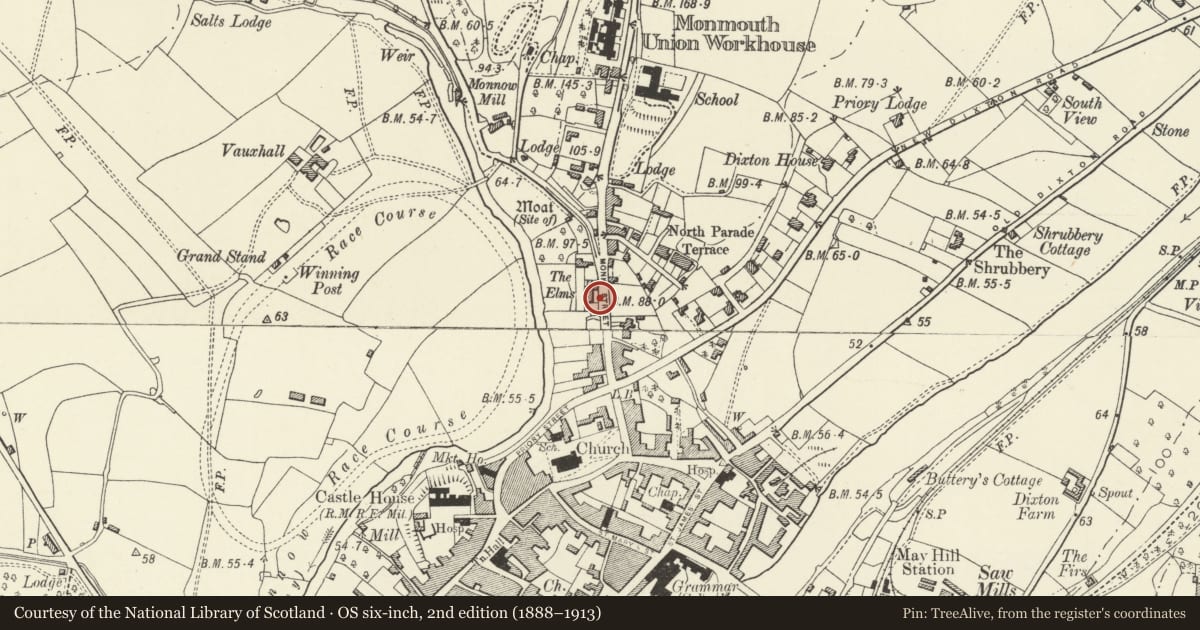 Ordnance Survey six-inch map, 2nd edition (1888–1913) covering the location of Railings, Gates and Garden Walls of No. 23 (Chapel House), Monmouth, Monmouthshire, with a pin at the register's coordinates