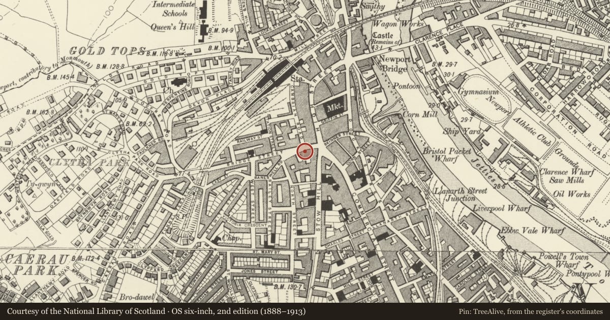 Ordnance Survey six-inch map, 2nd edition (1888–1913) covering the location of Lamb PH, Stow Hill, Newport, with a pin at the register's coordinates