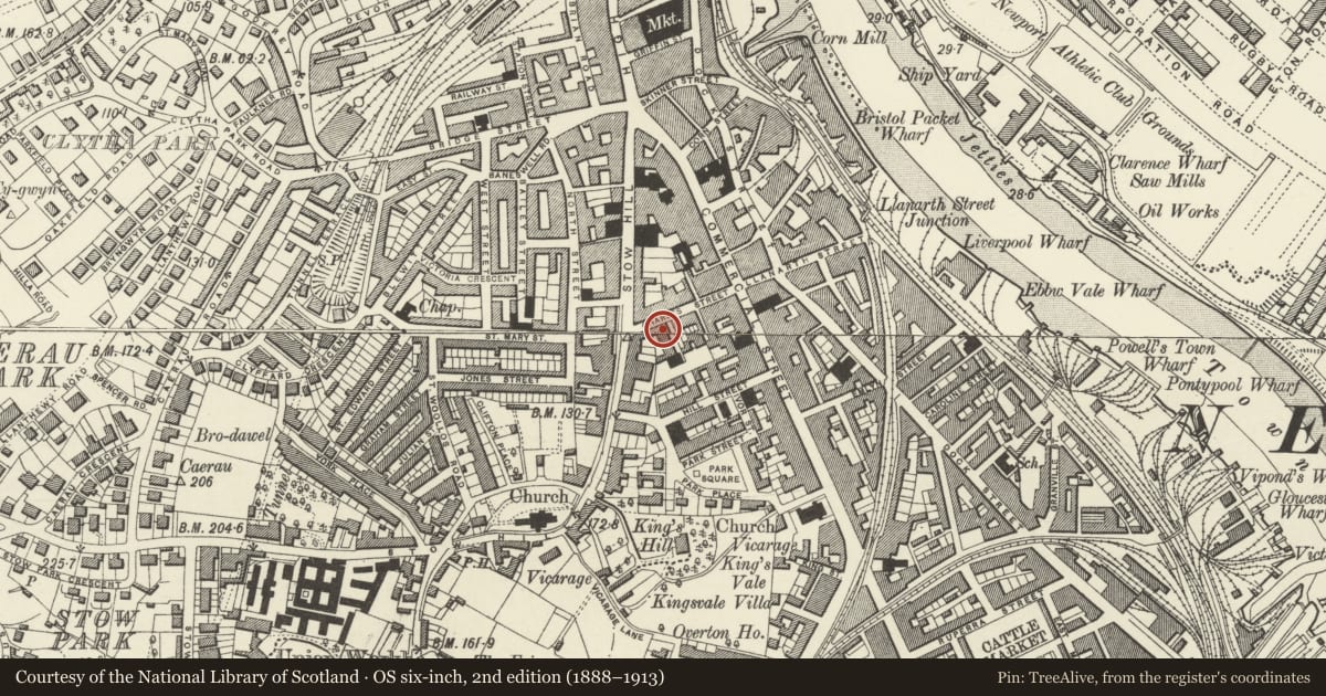Ordnance Survey six-inch map, 2nd edition (1888–1913) covering the location of Community Education Centre, including attached railings & Gates, Stow Hill, Newport, with a pin at the register's coordinates