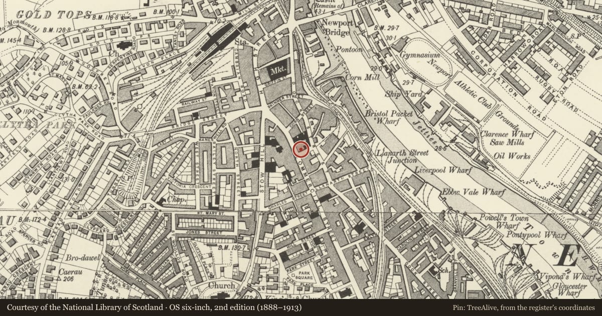 Ordnance Survey six-inch map, 2nd edition (1888–1913) covering the location of Woolwich Building Society, Stow Hill, Newport, with a pin at the register's coordinates