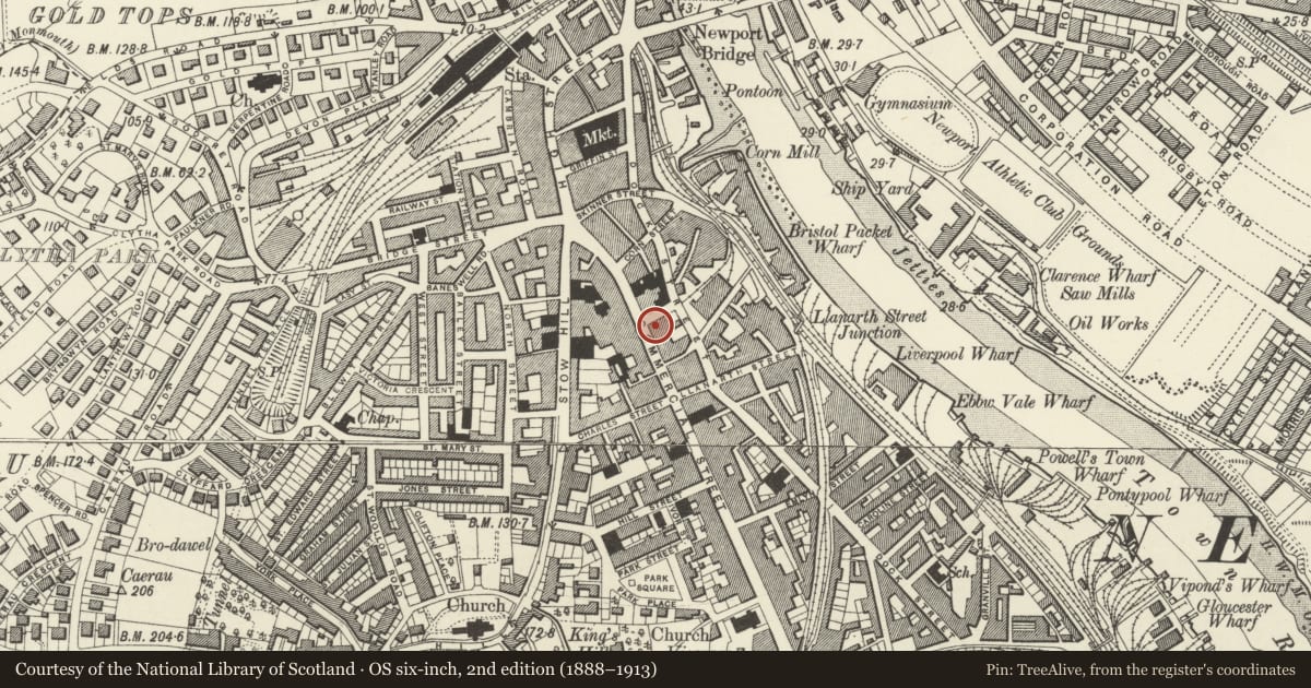 Ordnance Survey six-inch map, 2nd edition (1888–1913) covering the location of Halifax, Stow Hill, Newport, with a pin at the register's coordinates