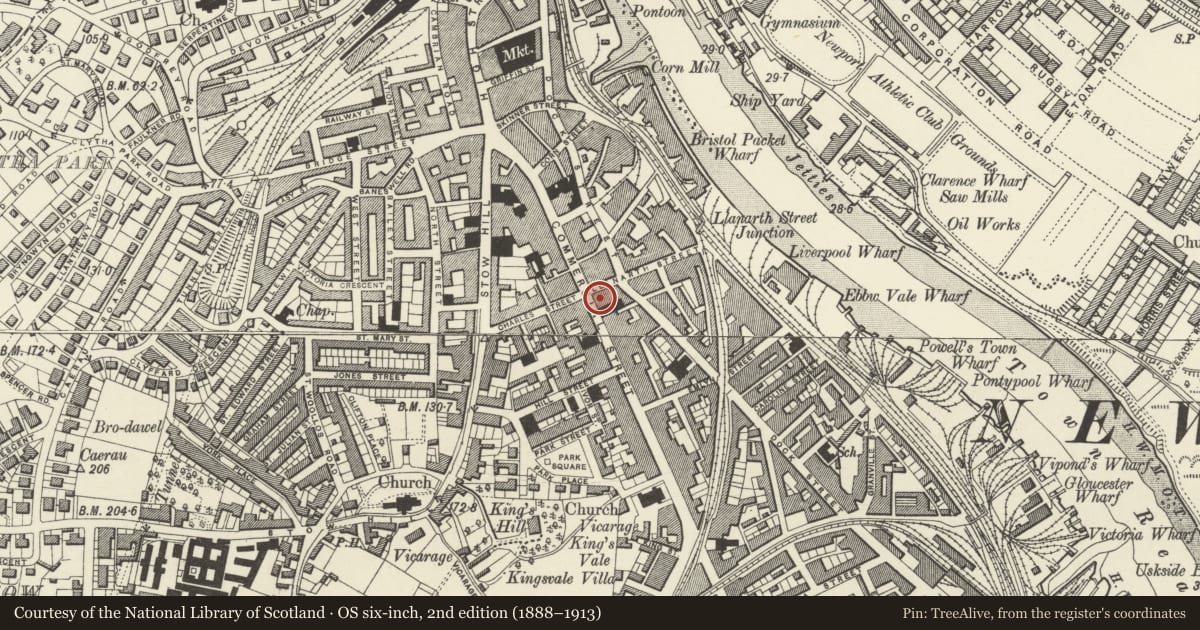 Ordnance Survey six-inch map, 2nd edition (1888–1913) covering the location of Lloyds TSB, Stow Hill, Newport, with a pin at the register's coordinates