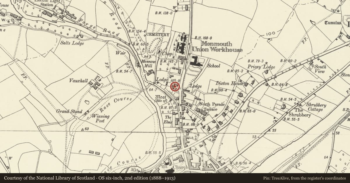 Ordnance Survey six-inch map, 2nd edition (1888–1913) covering the location of 11 Hereford Road, Monmouth, Monmouthshire, with a pin at the register's coordinates