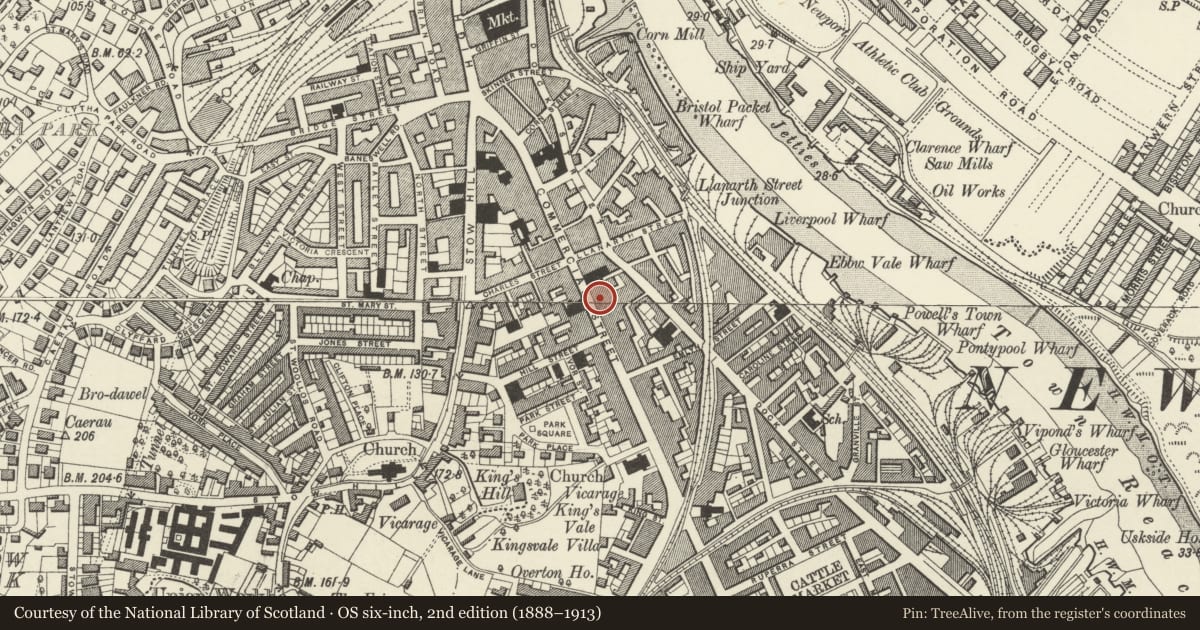 Ordnance Survey six-inch map, 2nd edition (1888–1913) covering the location of 46 Commercial Street, Stow Hill, Newport, with a pin at the register's coordinates