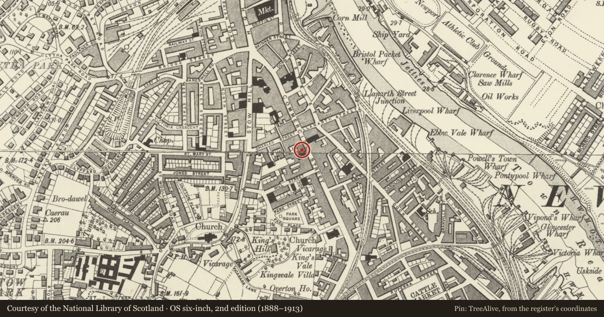 Ordnance Survey six-inch map, 2nd edition (1888–1913) covering the location of Halfords (Nos.142-143), Stow Hill, Newport, with a pin at the register's coordinates