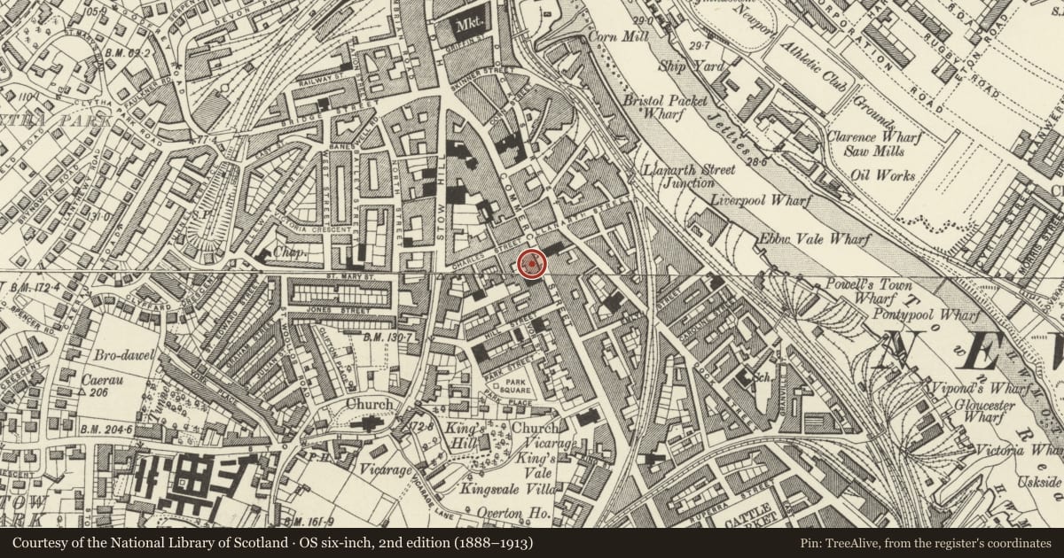 Ordnance Survey six-inch map, 2nd edition (1888–1913) covering the location of 144 Commercial Street, Stow Hill, Newport, with a pin at the register's coordinates