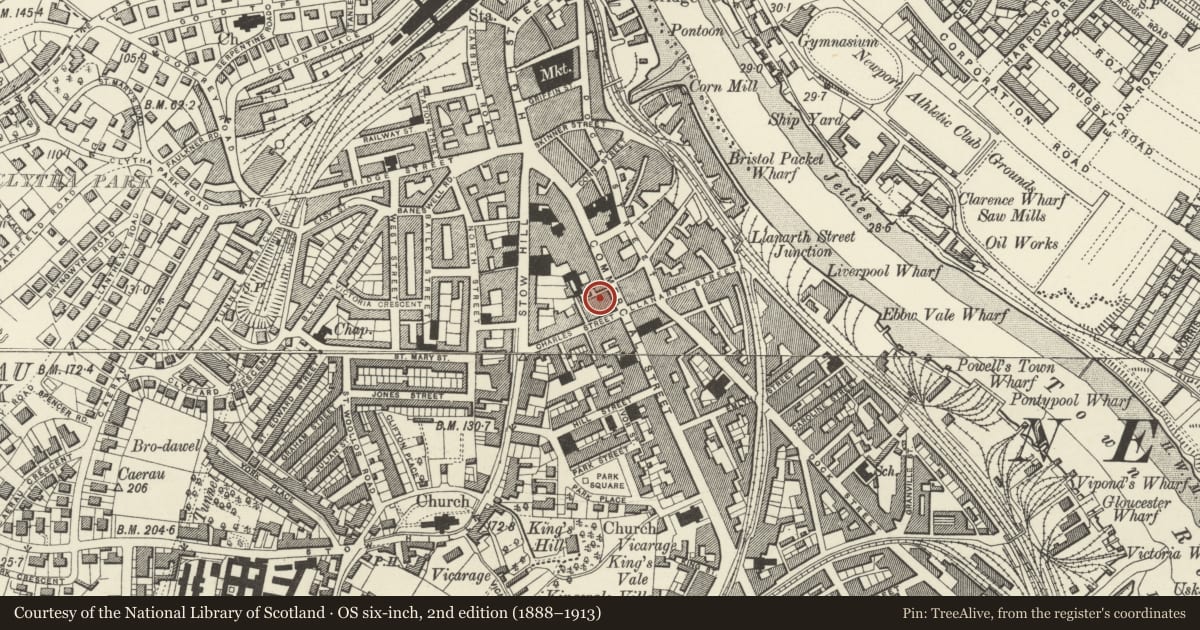 Ordnance Survey six-inch map, 2nd edition (1888–1913) covering the location of Next (152-153), Stow Hill, Newport, with a pin at the register's coordinates