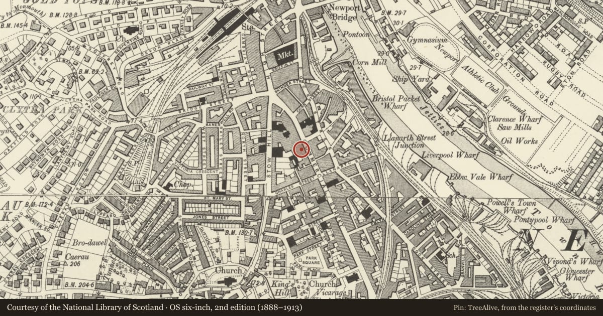 Ordnance Survey six-inch map, 2nd edition (1888–1913) covering the location of 157-160 (Consecutive), Stow Hill, Newport, with a pin at the register's coordinates