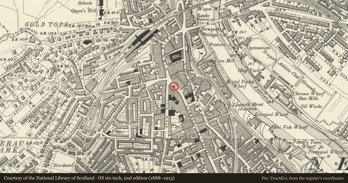 Ordnance Survey six-inch map, 2nd edition (1888–1913) covering the location of Letter Box outside Westgate Hotel, Stow Hill, Newport, with a pin at the register's coordinates