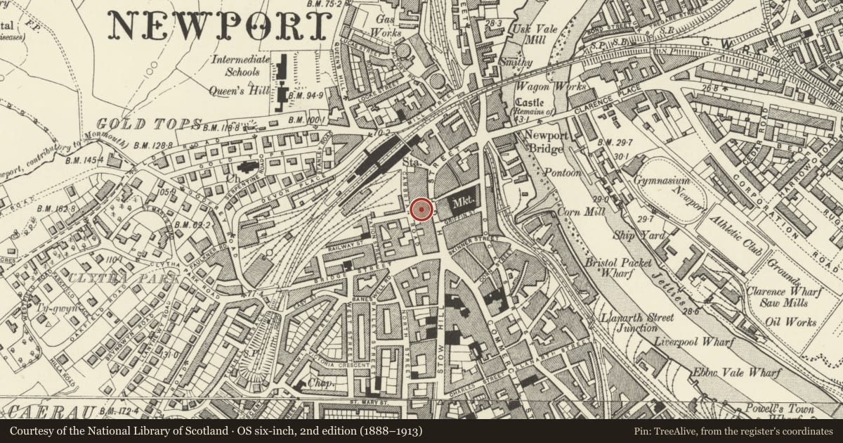 Ordnance Survey six-inch map, 2nd edition (1888–1913) covering the location of Newport Arcade, Stow Hill, Newport, with a pin at the register's coordinates