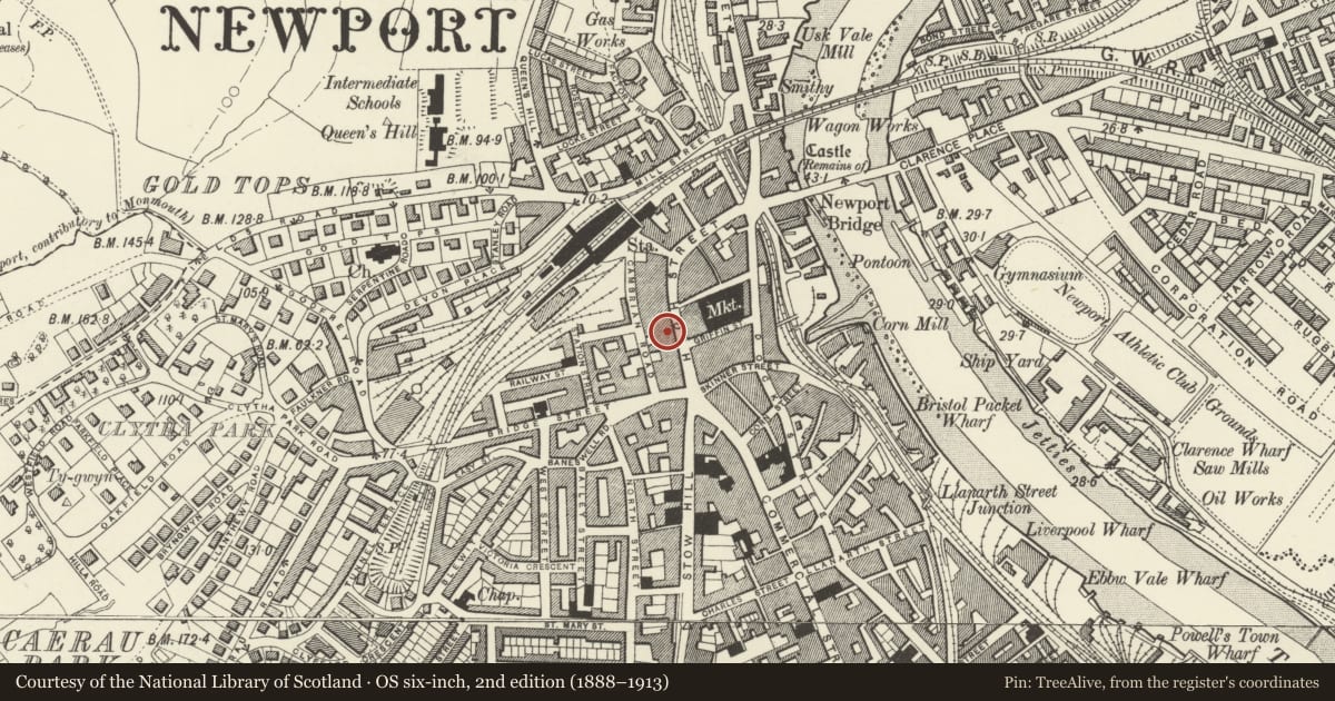 Ordnance Survey six-inch map, 2nd edition (1888–1913) covering the location of 41-43 High Street, Stow Hill, Newport, with a pin at the register's coordinates