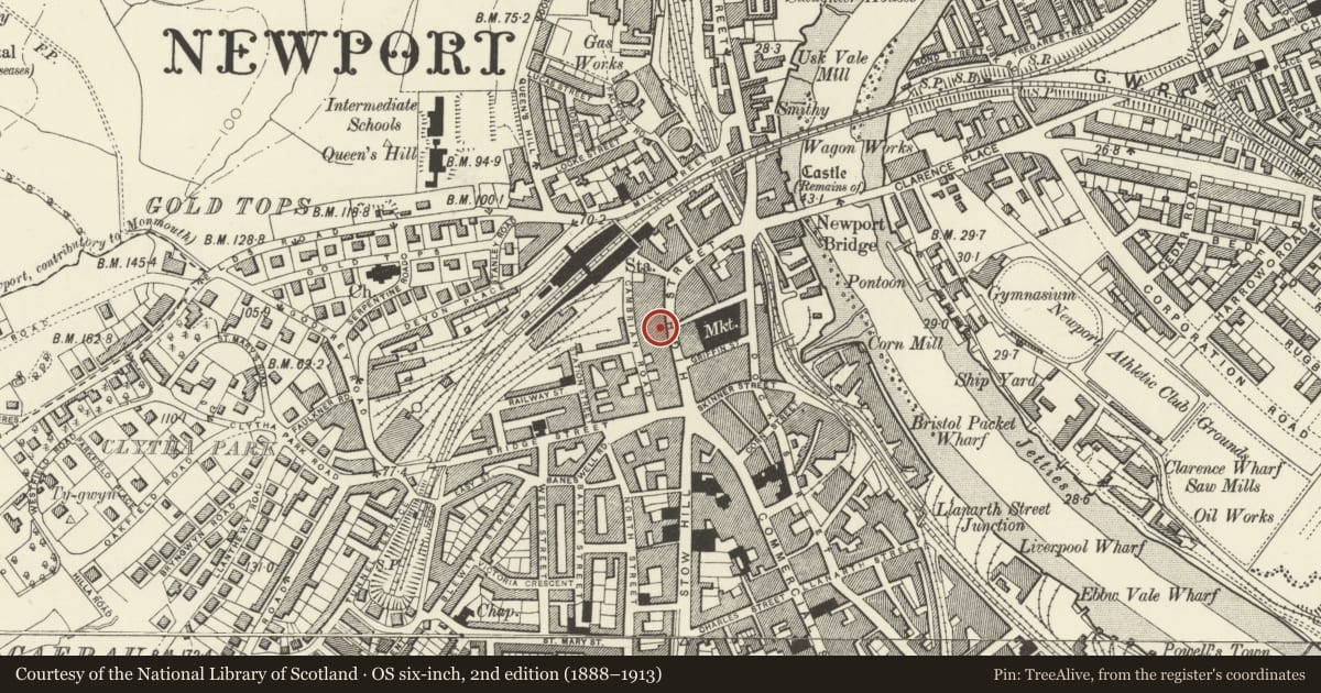 Ordnance Survey six-inch map, 2nd edition (1888–1913) covering the location of 46-47 High Street, Stow Hill, Newport, with a pin at the register's coordinates