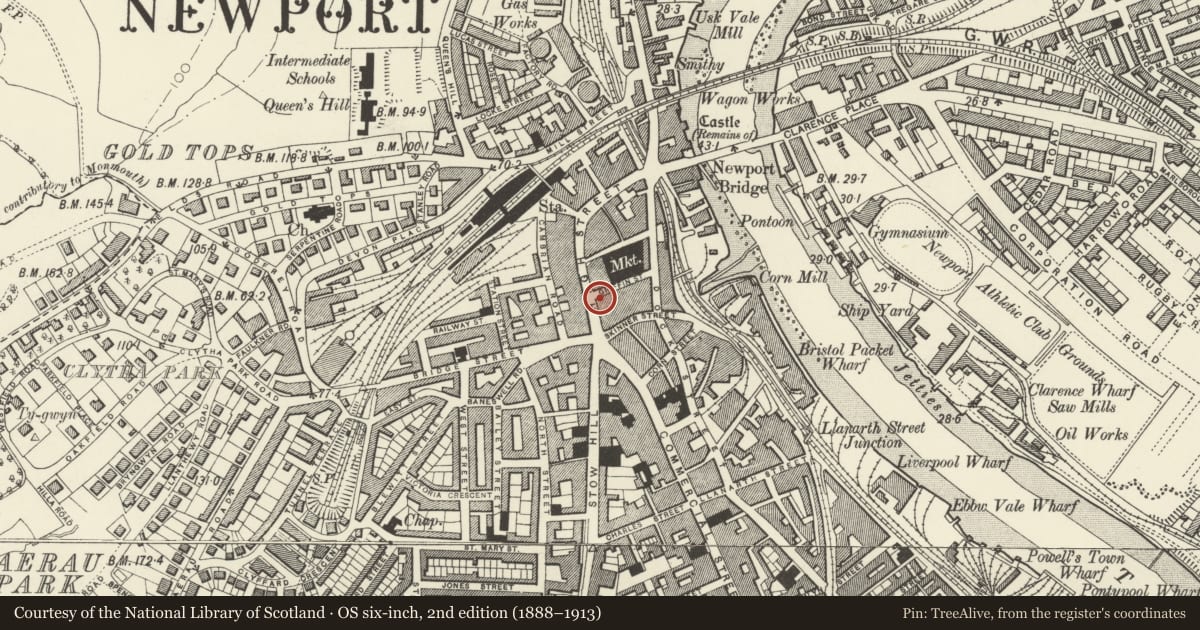 Ordnance Survey six-inch map, 2nd edition (1888–1913) covering the location of 27-30 High Street (Consecutive and including 27a), Stow Hill, Newport, with a pin at the register's coordinates