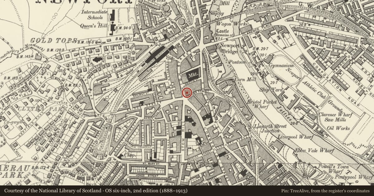Ordnance Survey six-inch map, 2nd edition (1888–1913) covering the location of 31, 32, 33 High Street, including 2a & 2-4 Skinner Street, Stow Hill, Newport, with a pin at the register's coordinates