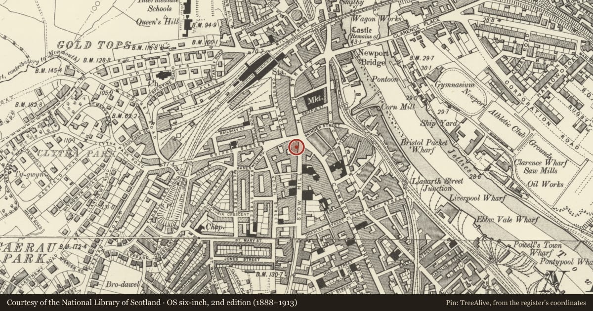 Ordnance Survey six-inch map, 2nd edition (1888–1913) covering the location of Central Chambers (Former Gas Showrooms), Stow Hill, Newport, with a pin at the register's coordinates