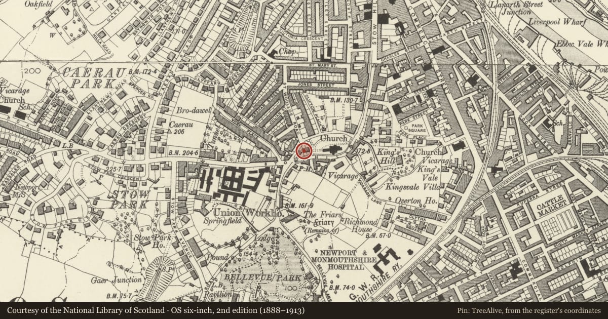 Ordnance Survey six-inch map, 2nd edition (1888–1913) covering the location of Lychgate to St Woolos Cathedral, Stow Hill, Newport, with a pin at the register's coordinates