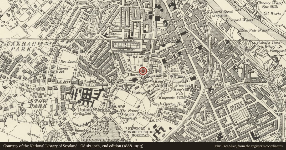 Ordnance Survey six-inch map, 2nd edition (1888–1913) covering the location of Letter Box, Stow Hill, Newport, with a pin at the register's coordinates